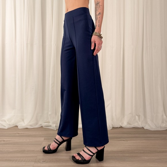 Pants - Navy‎ Wide Leg Trousers High Rise Stretch Pants Minimalist Workwear Size M